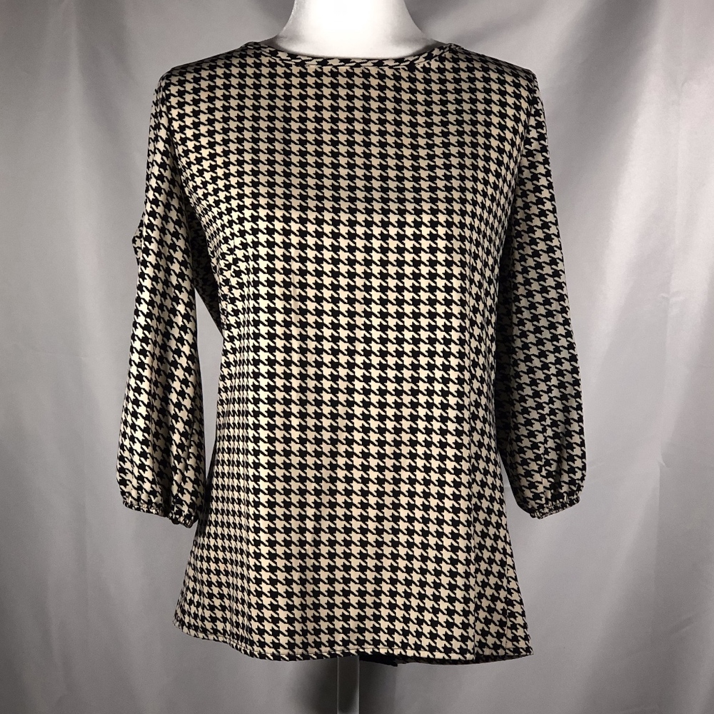 Cream Black Houndstooth Blouse with Bow on Back